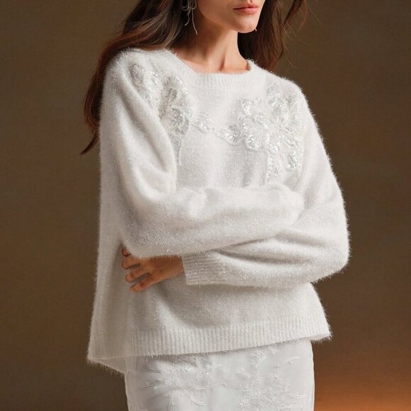 White Casual Women's Elegant Sequin Floral Round Neck Loose Sweater - Picture 6 of 8